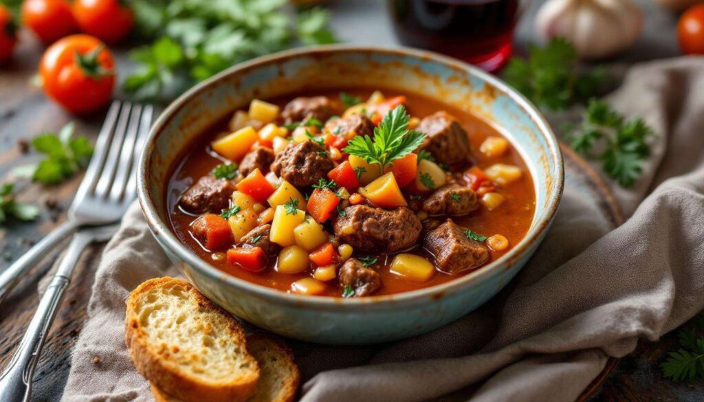 Włoski gulasz podaję z mięciutkim pieczywem. Do gara dorzucam jedno warzywo i od razu jest smaczniejszy