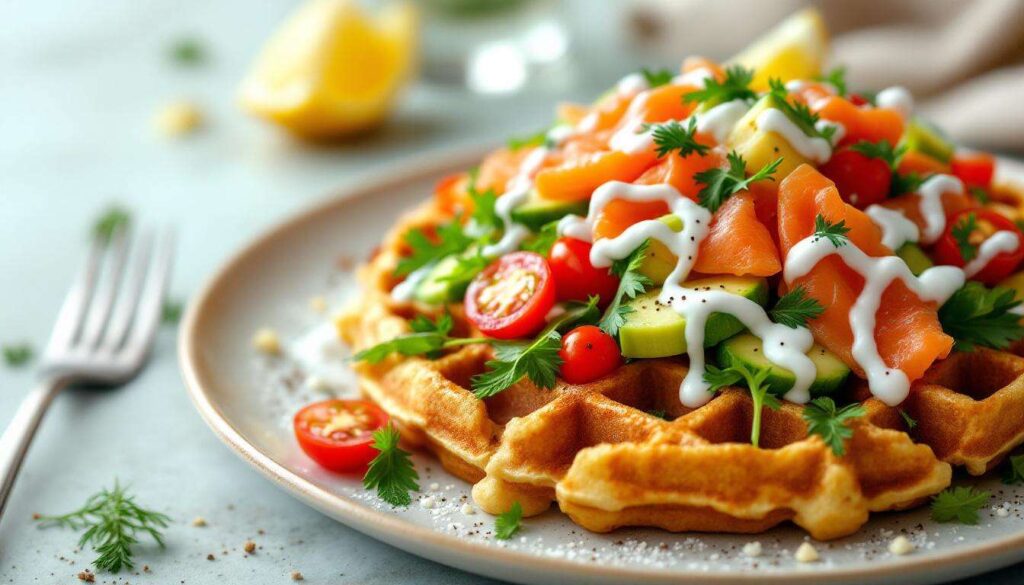 Przepis: Gofry pełnoziarniste z łososiem, warzywami i sosem czosnkowym